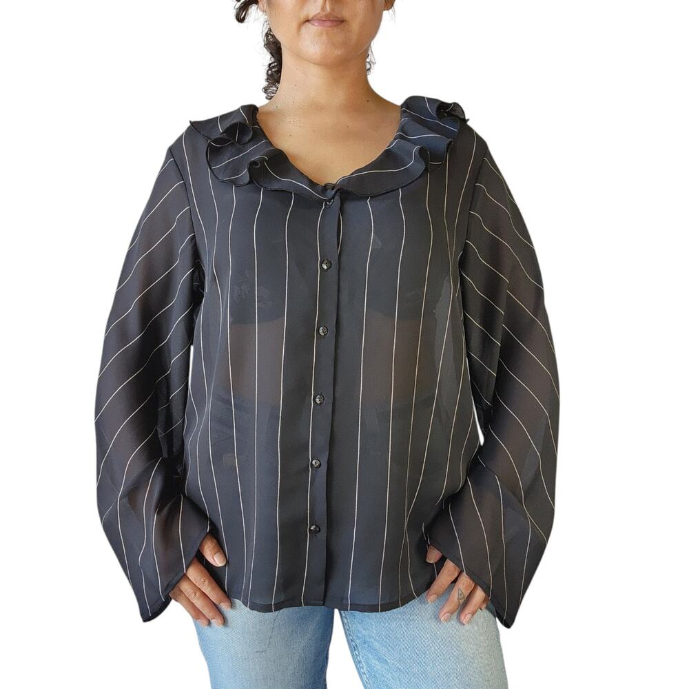 Vintage 90s Sheer Striped Ruffle Collar See Through Blouse Size 14P